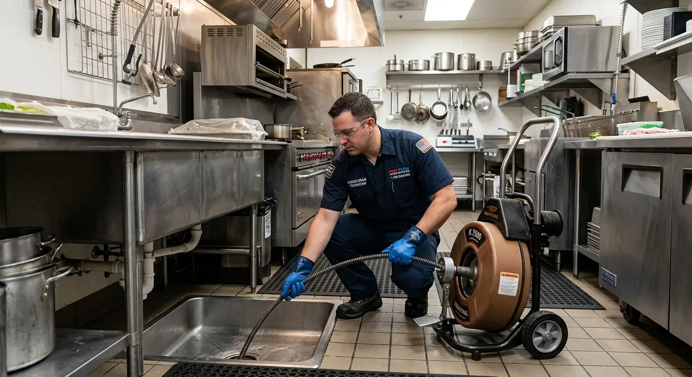 Commercial drain cleaning service in a restaurant kitchen in San Bruno