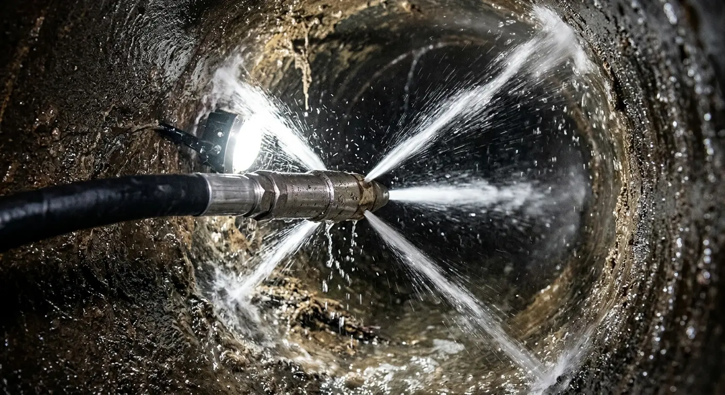 High-pressure hydro jetting nozzle cleaning sewer pipe for Sewer Cleanout in San Bruno