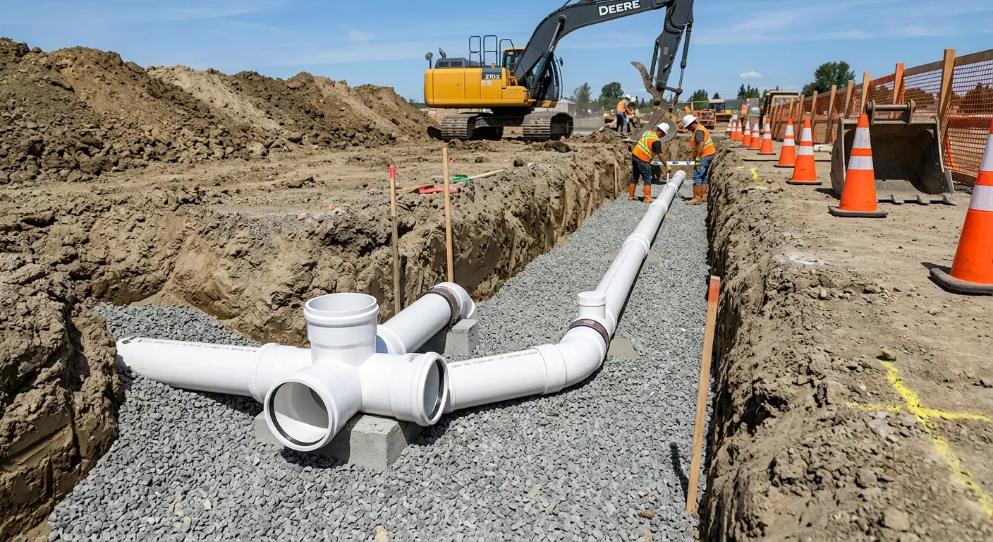 New PVC sewer pipe installation in open trench for Grease Trap Cleaning in San Bruno