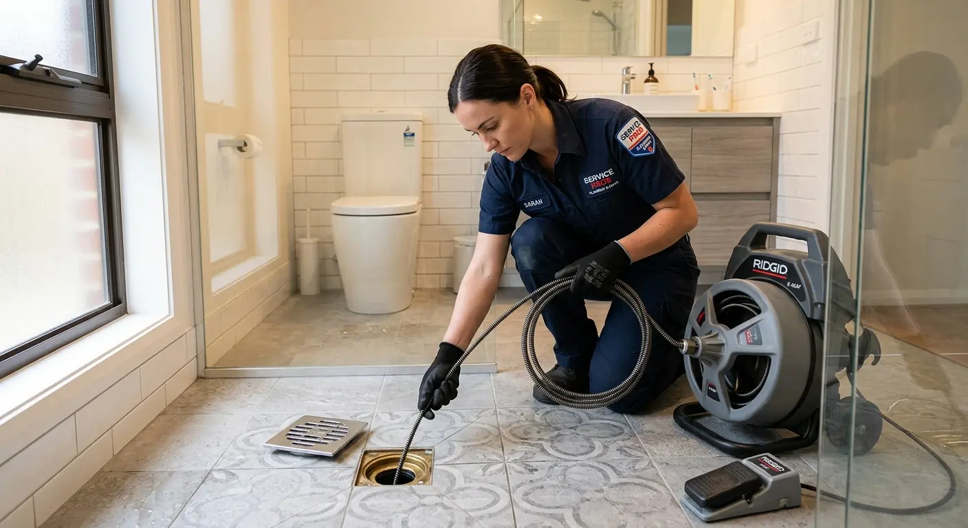 Technician clearing a bathroom floor drain for Hydro Jetting in San Bruno